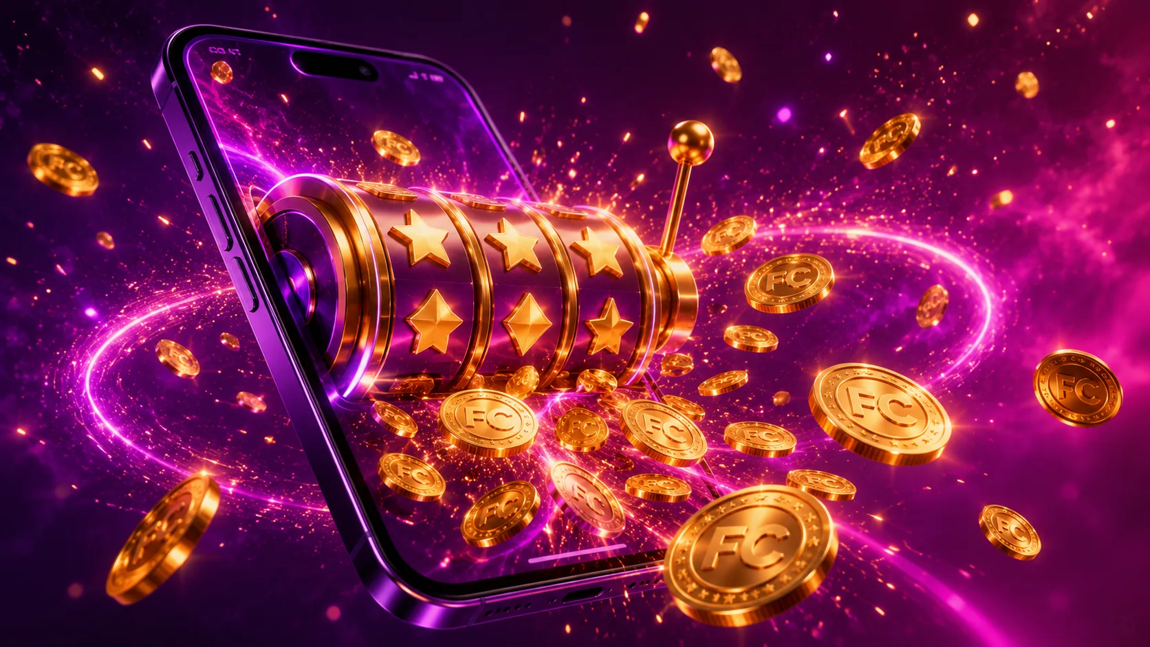 Fortune Coins Casino Canada mobile app hero — smartphone with glowing slot reel bursting with gold Fortune coins
