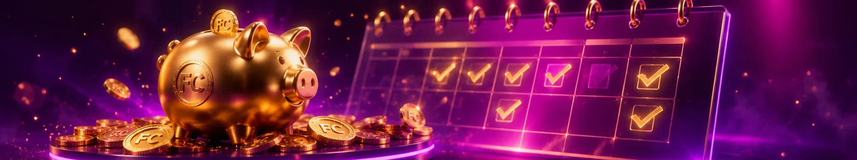 Fortune Coins Canada piggy bank overflowing with gold coins beside a marked calendar