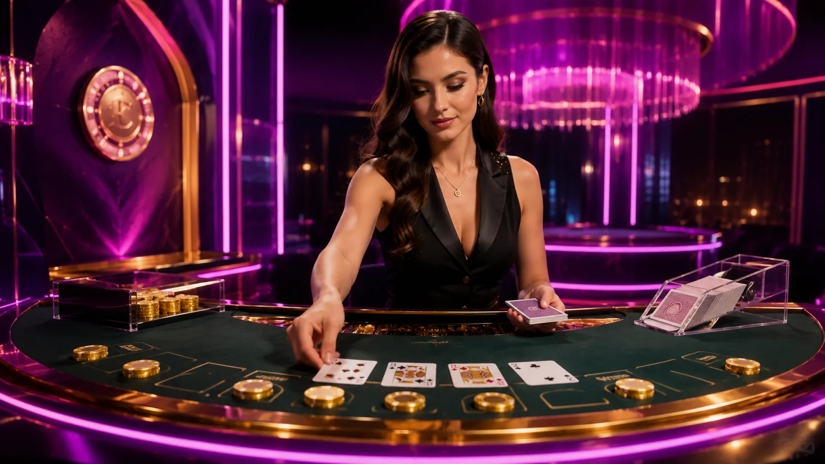 Fortune Coins Canada HD live dealer blackjack studio bathed in purple neon